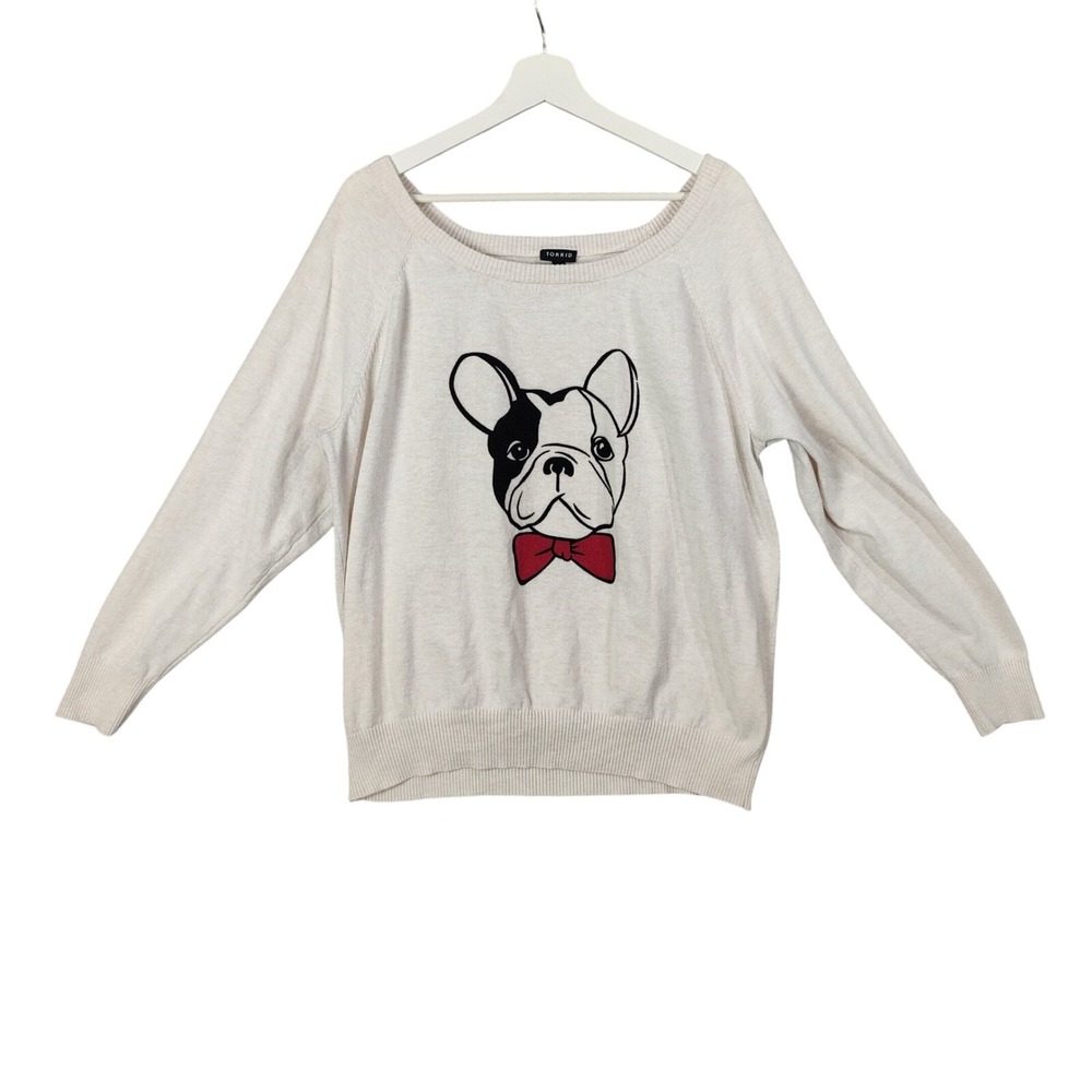 Torrid Womens Whimsical Lightweight French Bulldog Neutral Sweater 2X Beige Knit